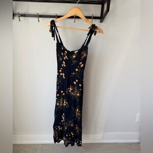 Reformation Navy Floral Tie-Shoulder Midi Dress